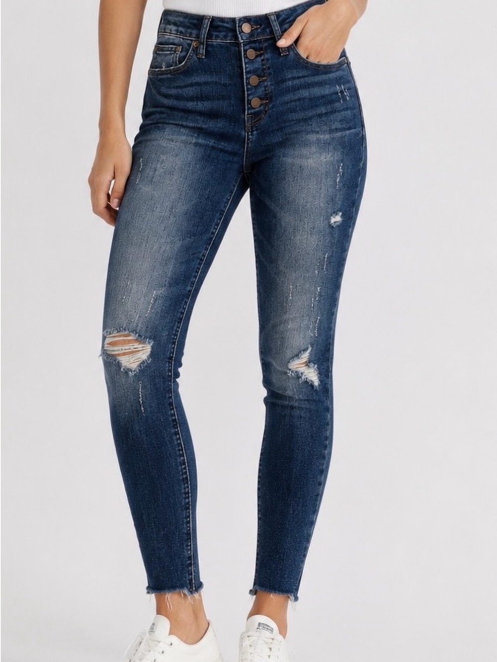 American Rag Dark Blue High-Rise Skinny Jeans with Distressed Knees